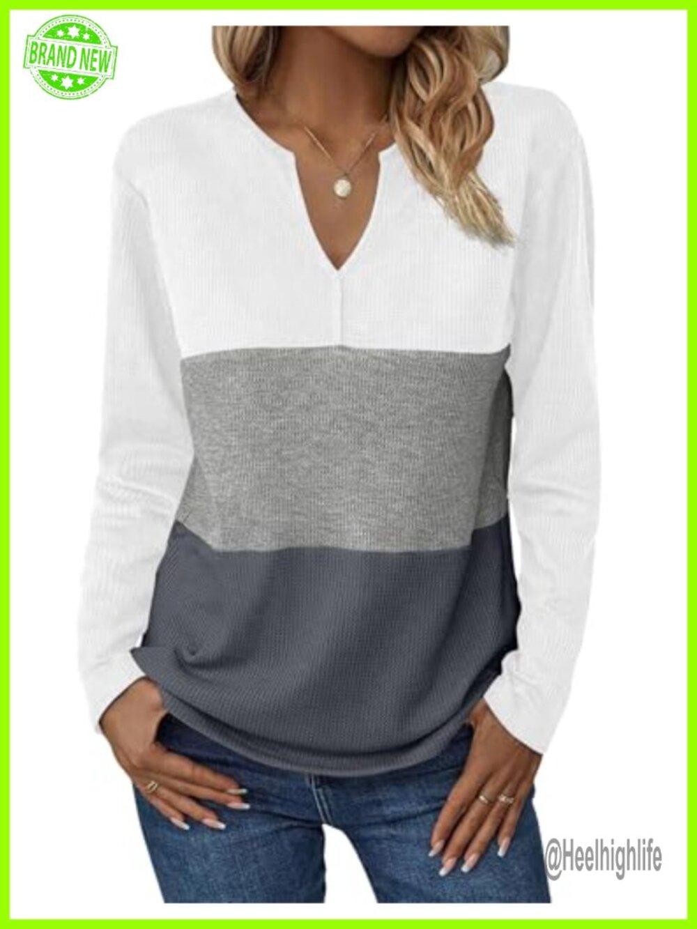 Waffle Knit Tunic Top V Neck Long Sleeve Color Block Casual Pullover